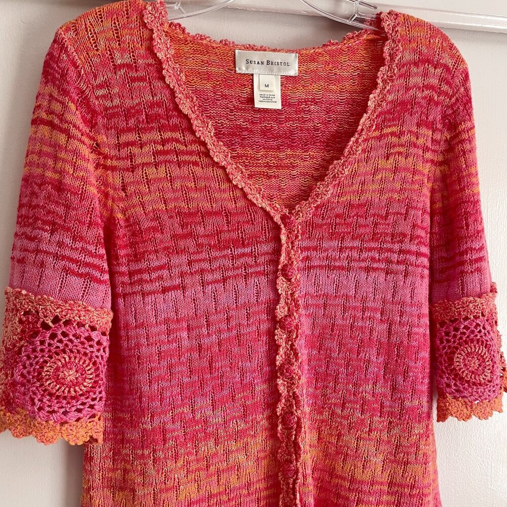 Vintage Susan Bristol Linen Blend Cardigan Size M Short Sleeve Button Pink